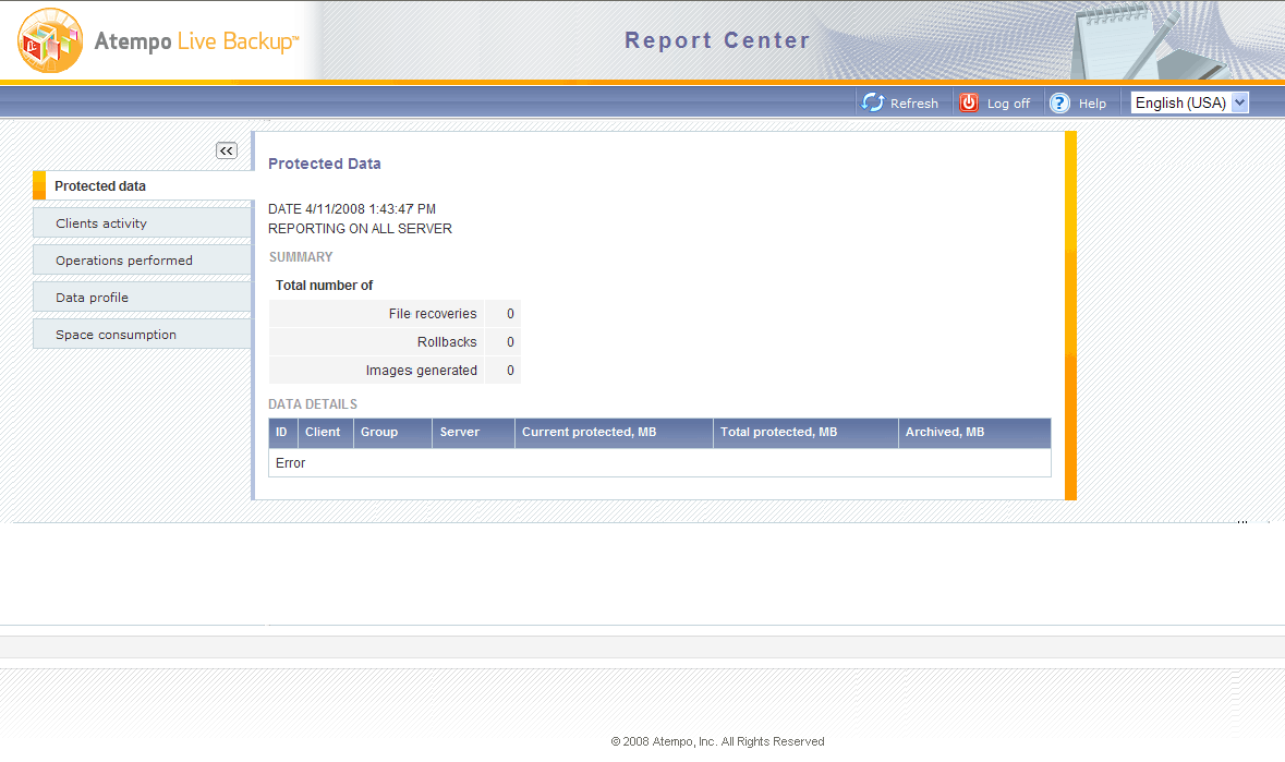 Дизайн главной страницы Report Center, Atempo