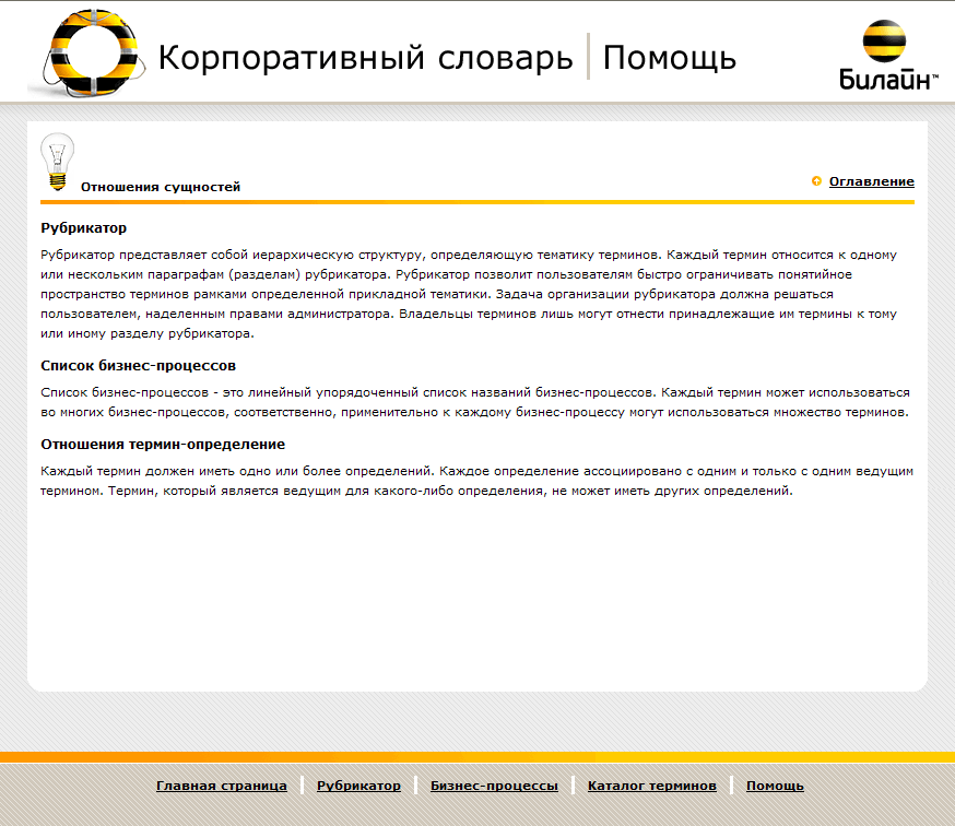 Дизайн раздела "Помощь" Корпоративного словаря, Билайн, 2007 г.