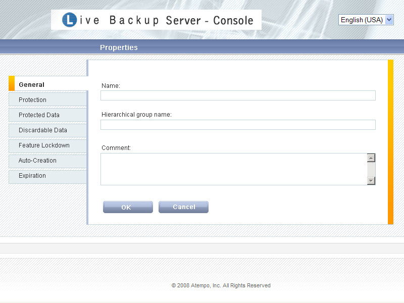 Окно "Properties" LiveBackup Server Console, Atempo