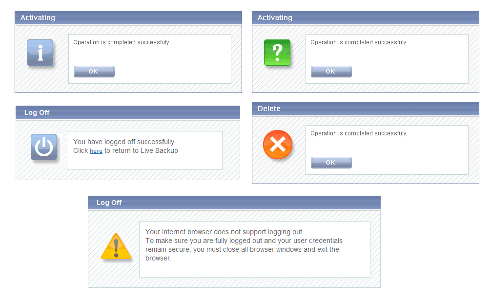 Окна сообщений LiveBackup Server Console, Atempo